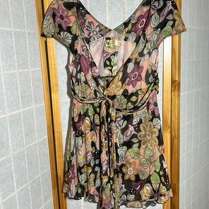 Miss Sixty 100% silk large floral pink orange brown white top